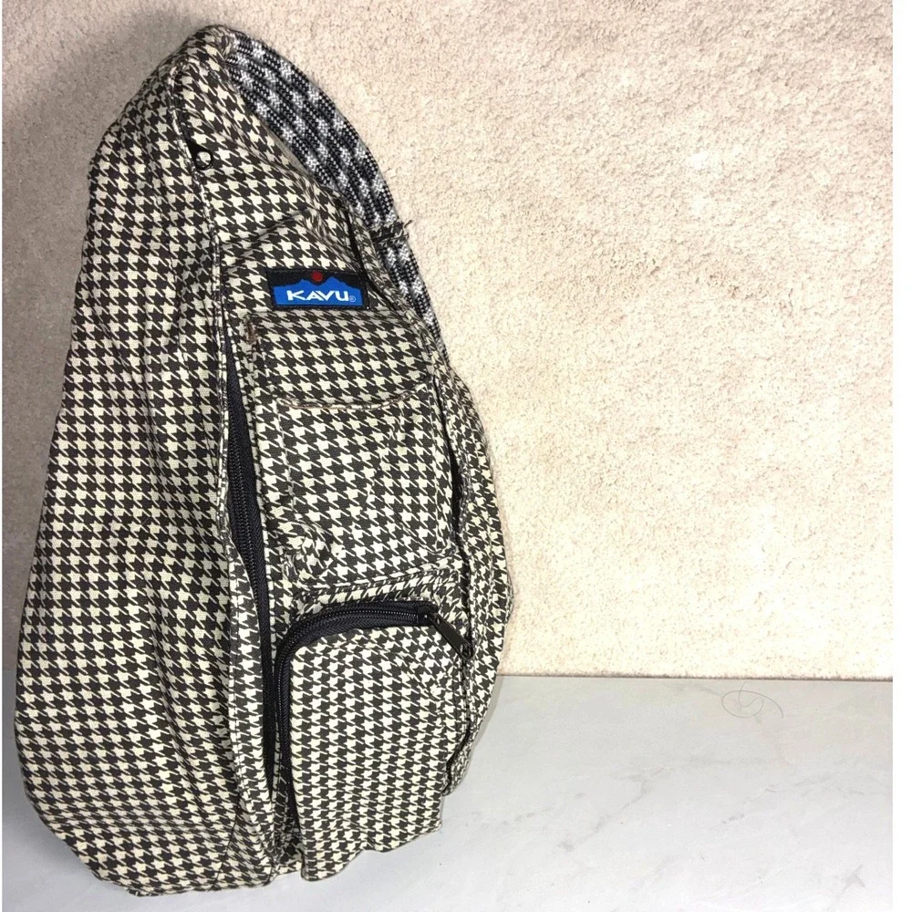 KAVU Black Houndstooth Rope Bag - OS - Sling Backpack Outdoor Gorpcore Preppy